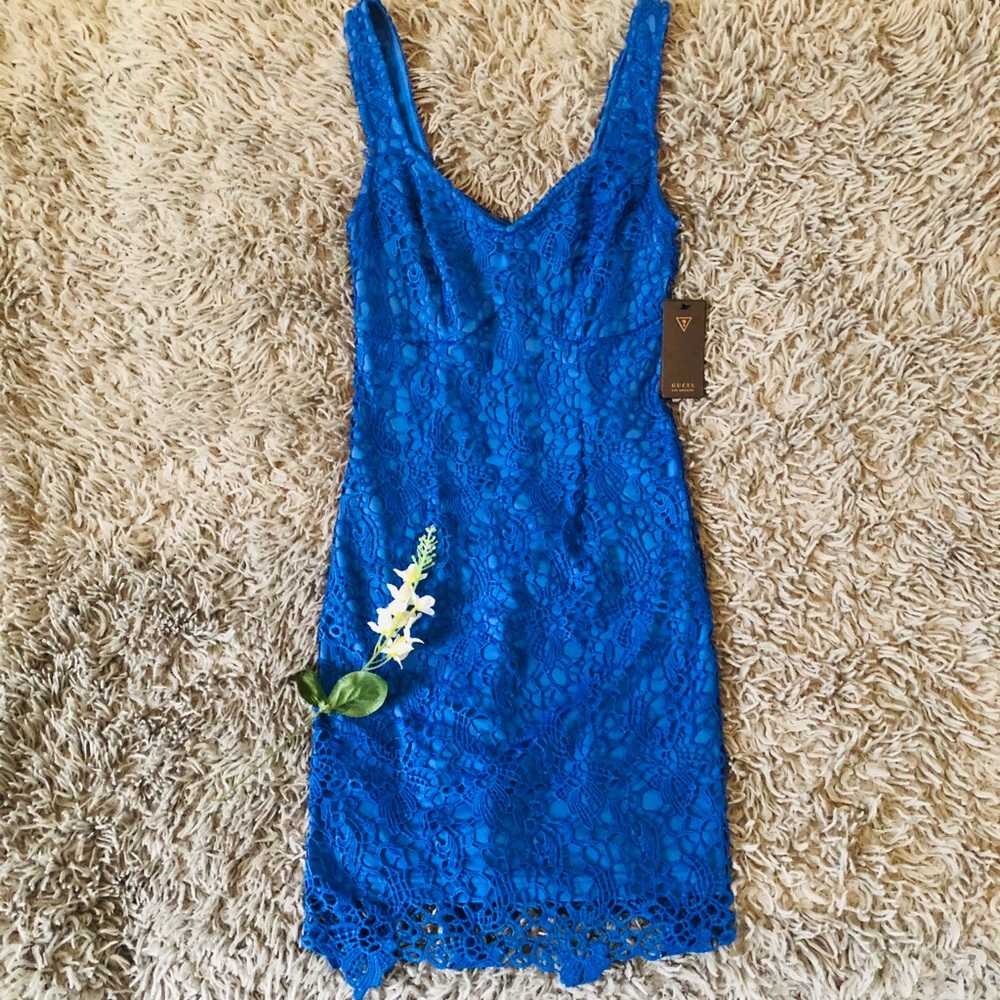 GUESS Royal Blue Lace Crochet Cocktail Dress.